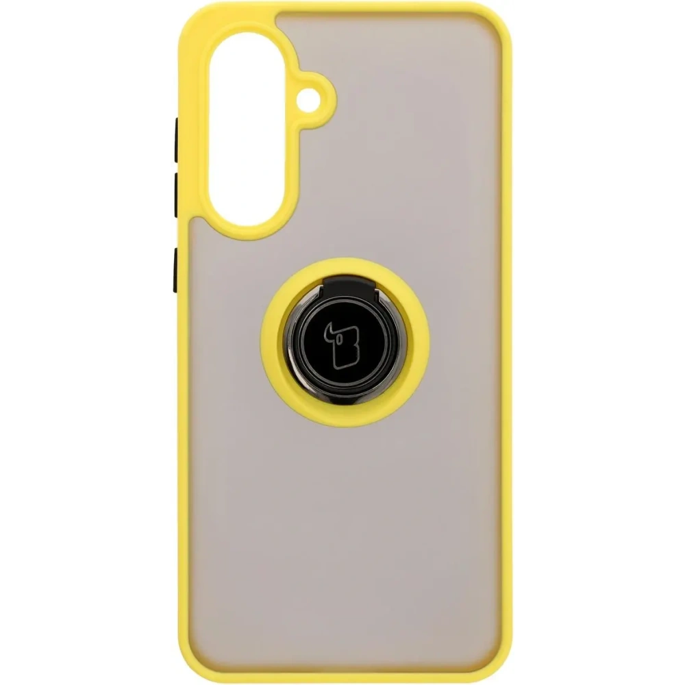 Etui z uchwytem na palec Bizon Case Hybrid Ring do Samsung Galaxy A36 5G / A56 5G przydymione z żółtą ramką