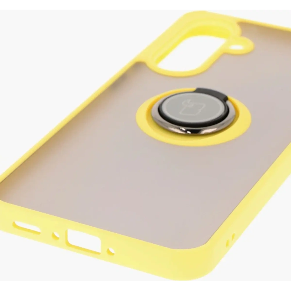 Etui z uchwytem na palec Bizon Case Hybrid Ring do Samsung Galaxy A36 5G / A56 5G przydymione z żółtą ramką