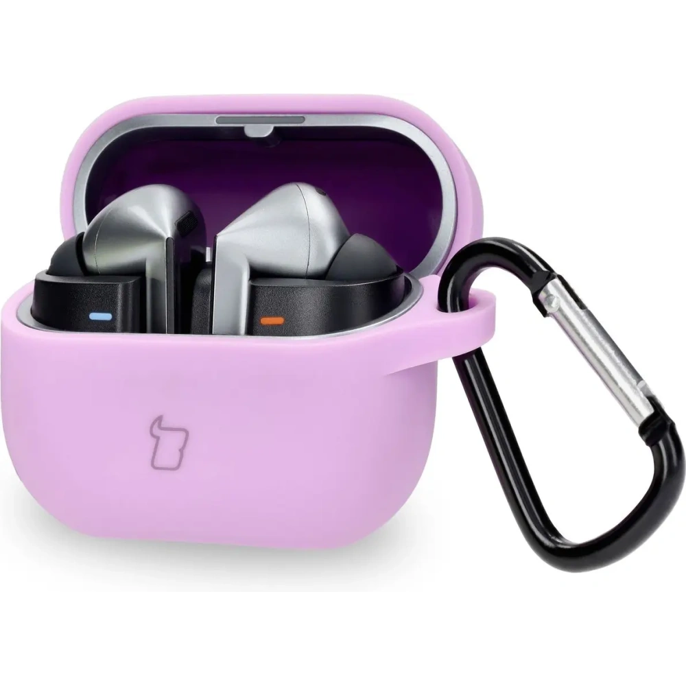 Silikonowe etui z karabińczykiem Bizon Case Headphone Silicone do Samsung Galaxy Buds 3 / 3 Pro jasnofioletowe