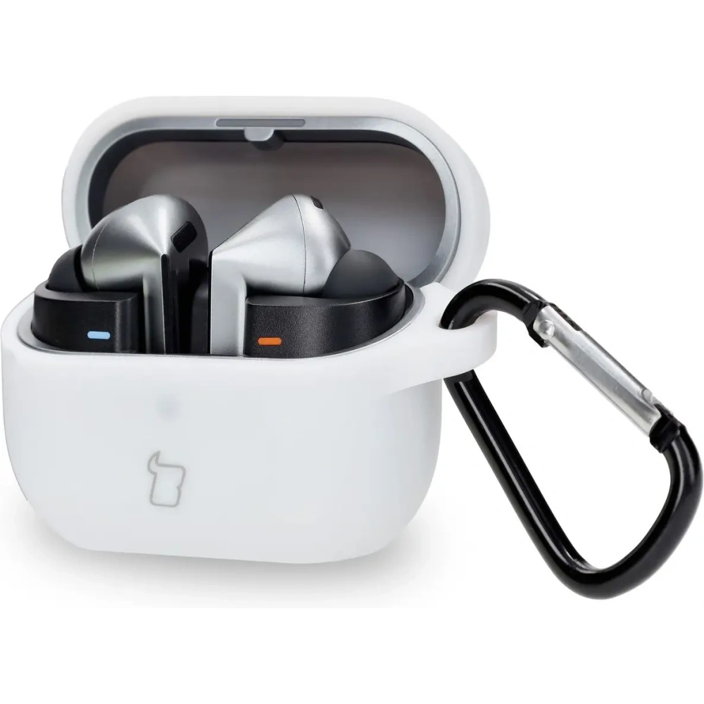 Silikonowe etui z karabińczykiem Bizon Case Headphone Silicone do Samsung Galaxy Buds 3 / 3 Pro białe
