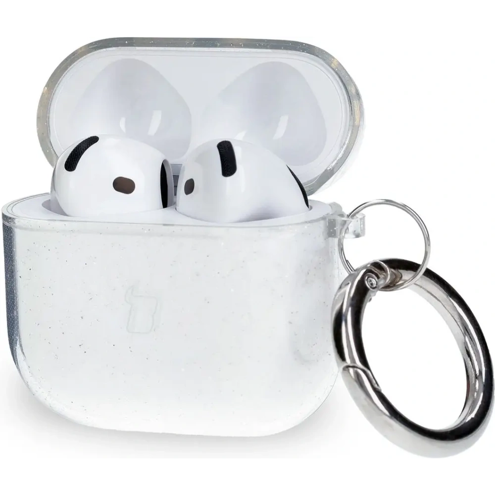Elastyczne etui z karabińczykiem Bizon Case Headphone Clear do Apple AirPods 4 przezroczysto-brokatowe