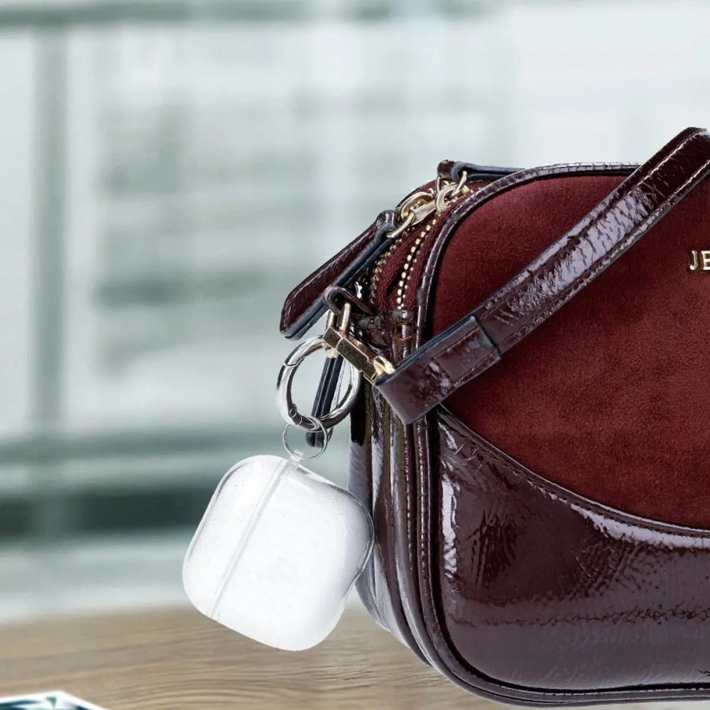 Elastyczne etui z karabińczykiem Bizon Case Headphone Clear do Apple AirPods 4 przezroczysto-brokatowe