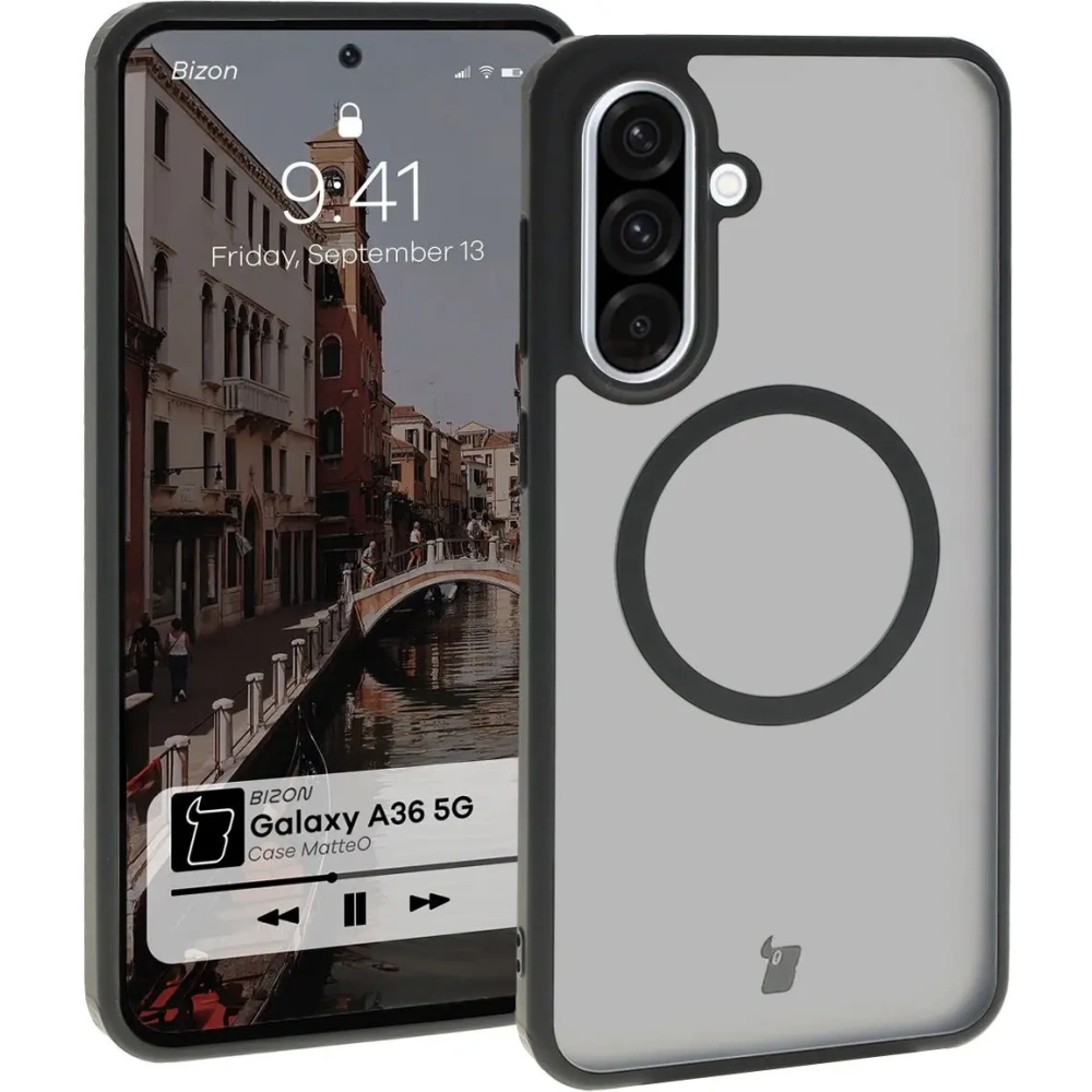Etui z pierścieniem magnetycznym Bizon Case MatteO do Samsung Galaxy A36 5G półprzezroczyste z czarną ramką