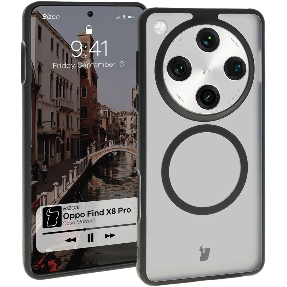 Etui z pierścieniem magnetycznym Bizon Case MatteO do Oppo Find X8 Pro półprzezroczyste z czarną ramką