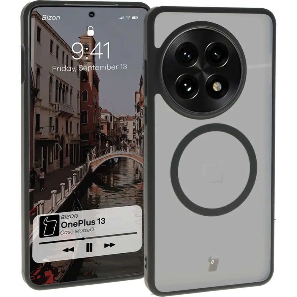 Etui z pierścieniem magnetycznym Bizon Case MatteO do OnePlus 13 półprzezroczyste z czarną ramką