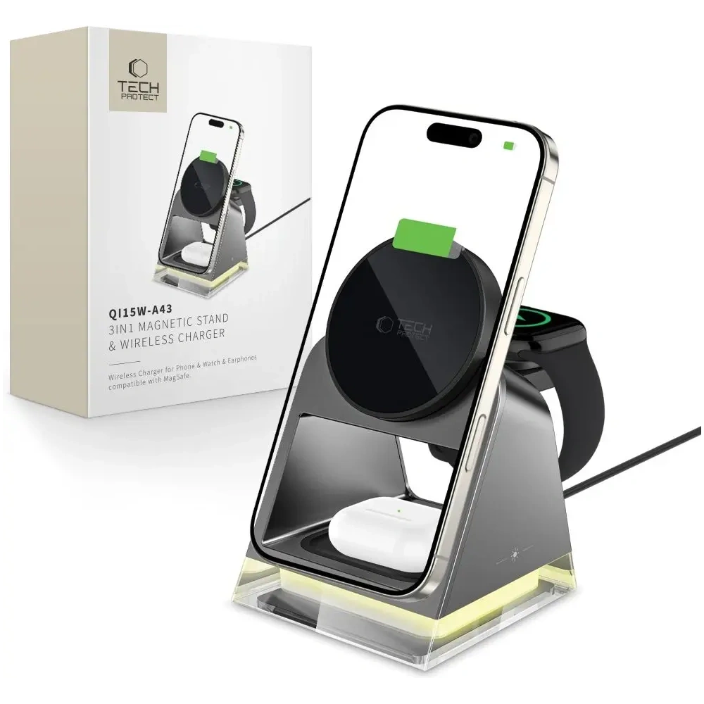 Ładowarka bezprzewodowa Tech-Protect QI15W-A43 3in1 Magnetic MagSafe Wireless Charger Black