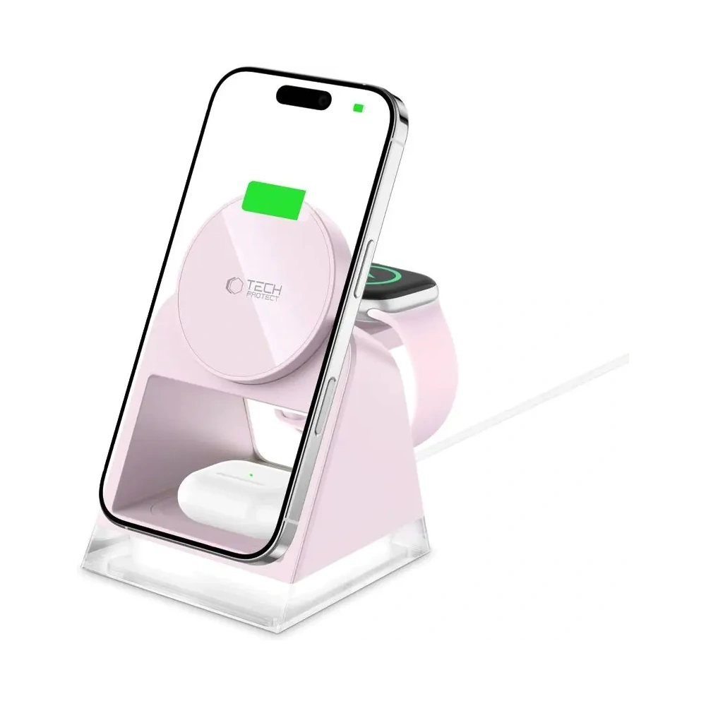 Ładowarka bezprzewodowa Tech-Protect QI15W-A43 3in1 Magnetic MagSafe Wireless Charger Baby Pink