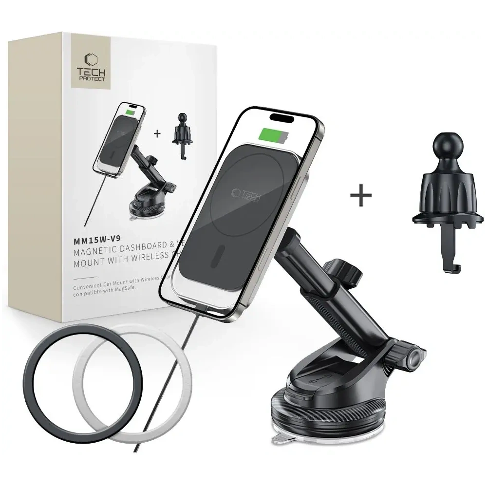 Uchwyt samochodowy na kokpit / do kratki z ładowarką bezprzewodową Tech-Protect MM15W-V9 Magnetic MagSafe Dashboard & Vent Car Mount Wireless Charger 15W Black