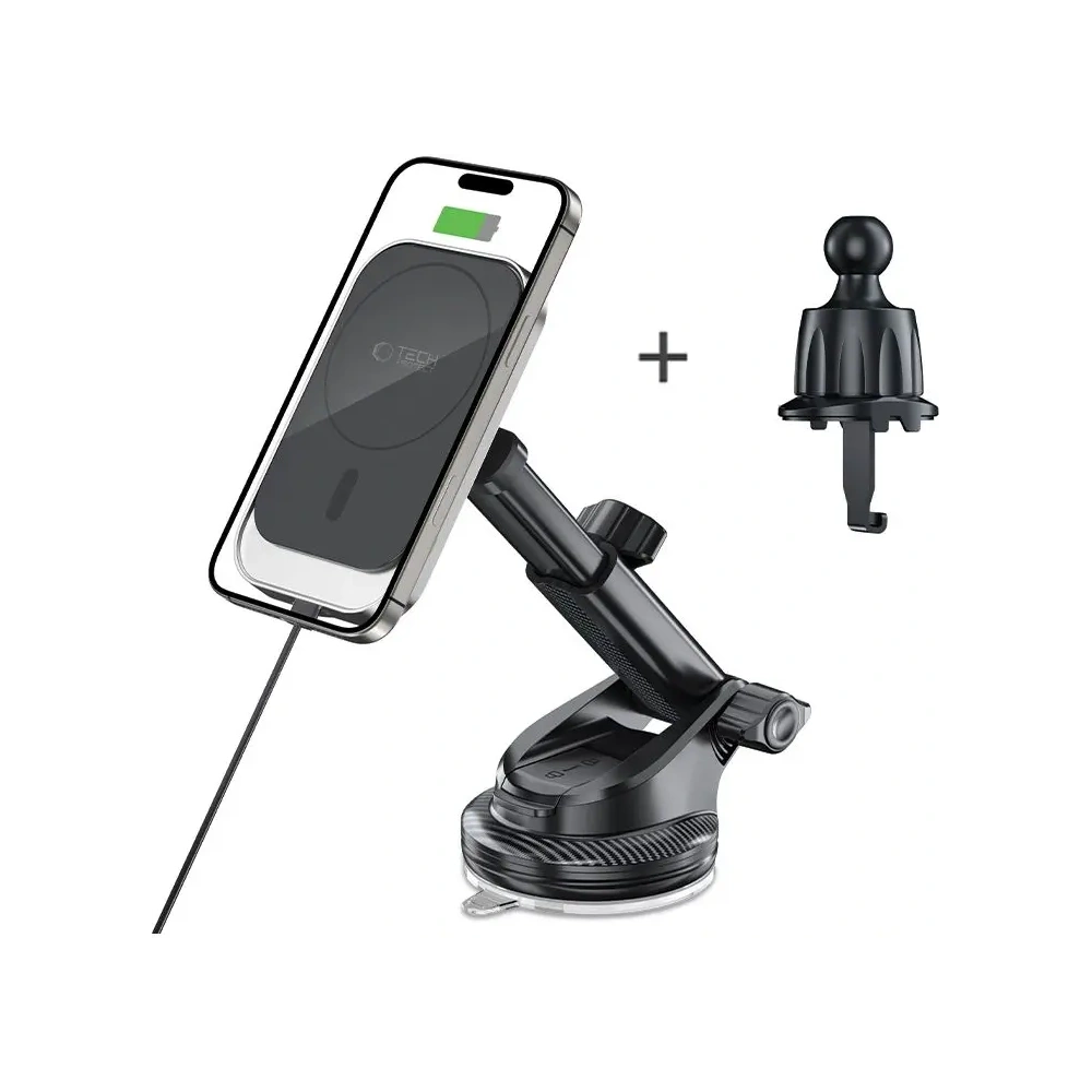 Uchwyt samochodowy na kokpit / do kratki z ładowarką bezprzewodową Tech-Protect MM15W-V9 Magnetic MagSafe Dashboard & Vent Car Mount Wireless Charger 15W Black