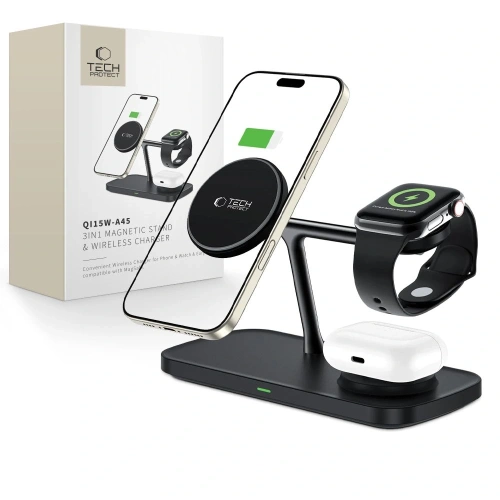Kup Bezdrátová nabíječka Tech-Protect QI15W-A45 3v1 Magnetic MagSafe Wireless Charger Black - THP3732 - {ean13} - Sklep Home Screen