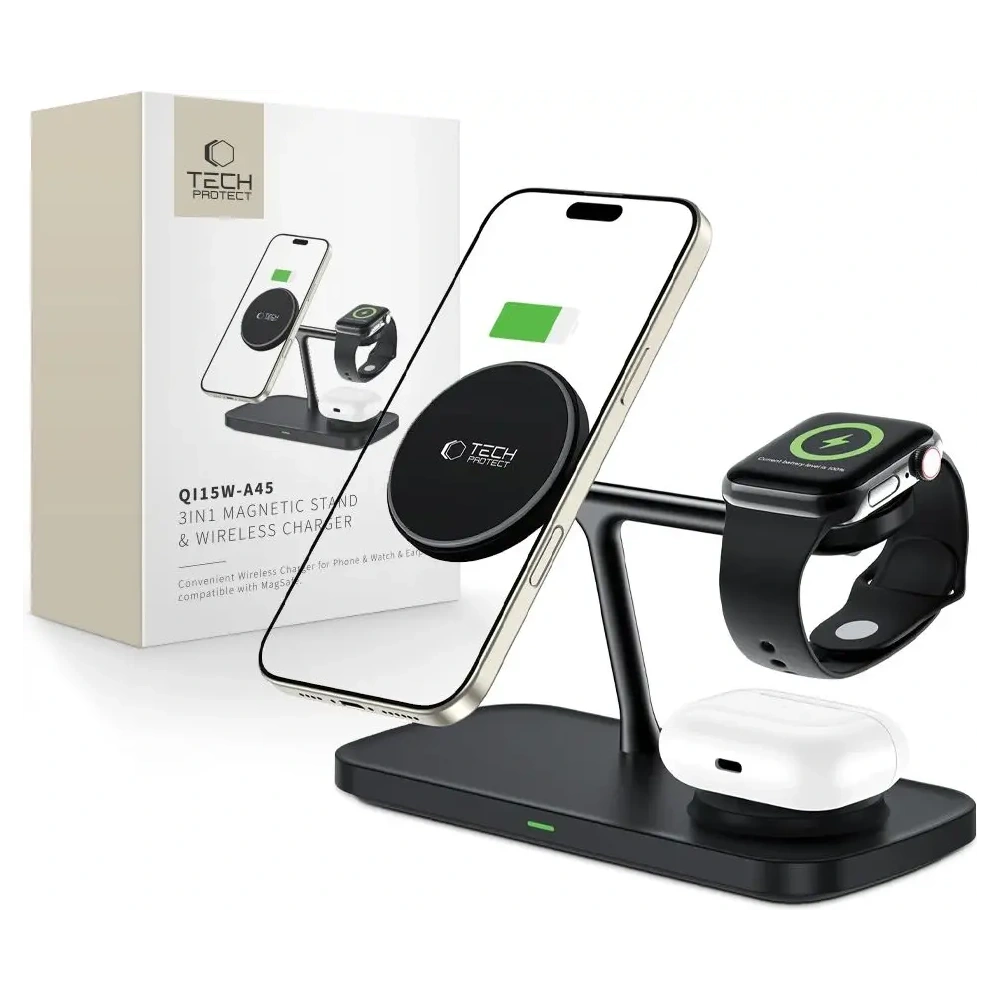 Ładowarka bezprzewodowa Tech-Protect QI15W-A45 3in1 Magnetic MagSafe Wireless Charger Black