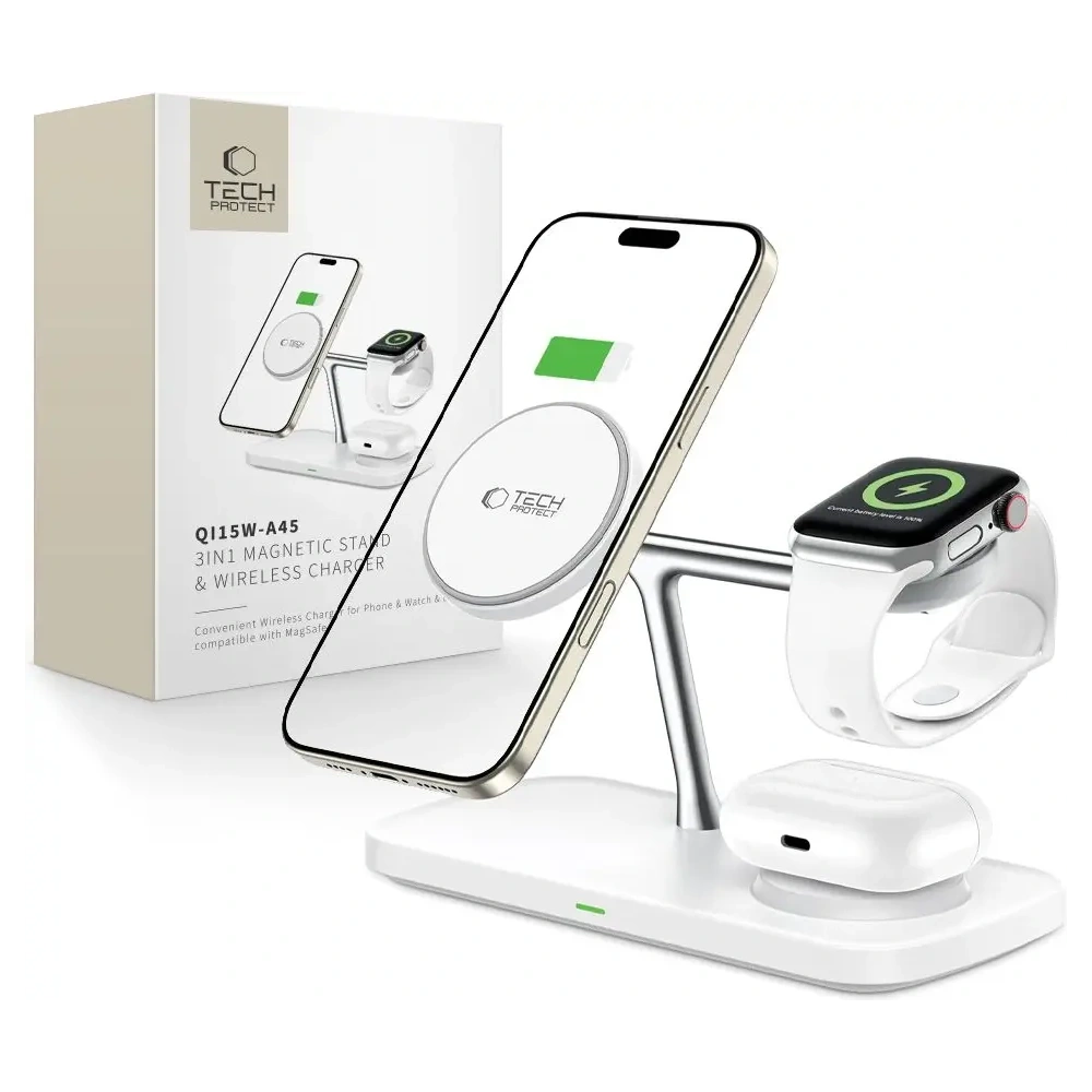Ładowarka bezprzewodowa Tech-Protect QI15W-A45 3in1 Magnetic MagSafe Wireless Charger White