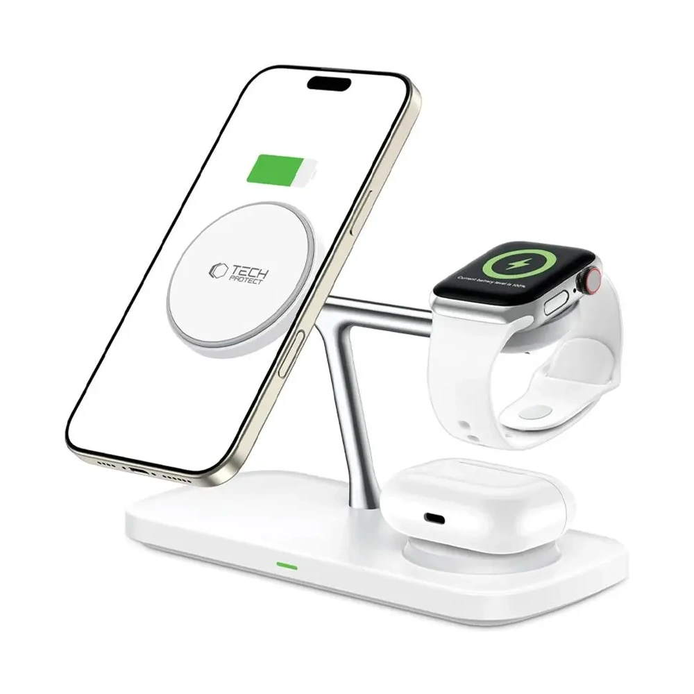 Ładowarka bezprzewodowa Tech-Protect QI15W-A45 3in1 Magnetic MagSafe Wireless Charger White