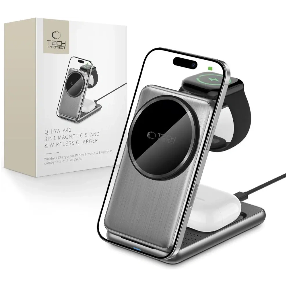 Ładowarka bezprzewodowa Tech-Protect QI15W-A42 3in1 Magnetic MagSafe Wireless Charger Space Grey