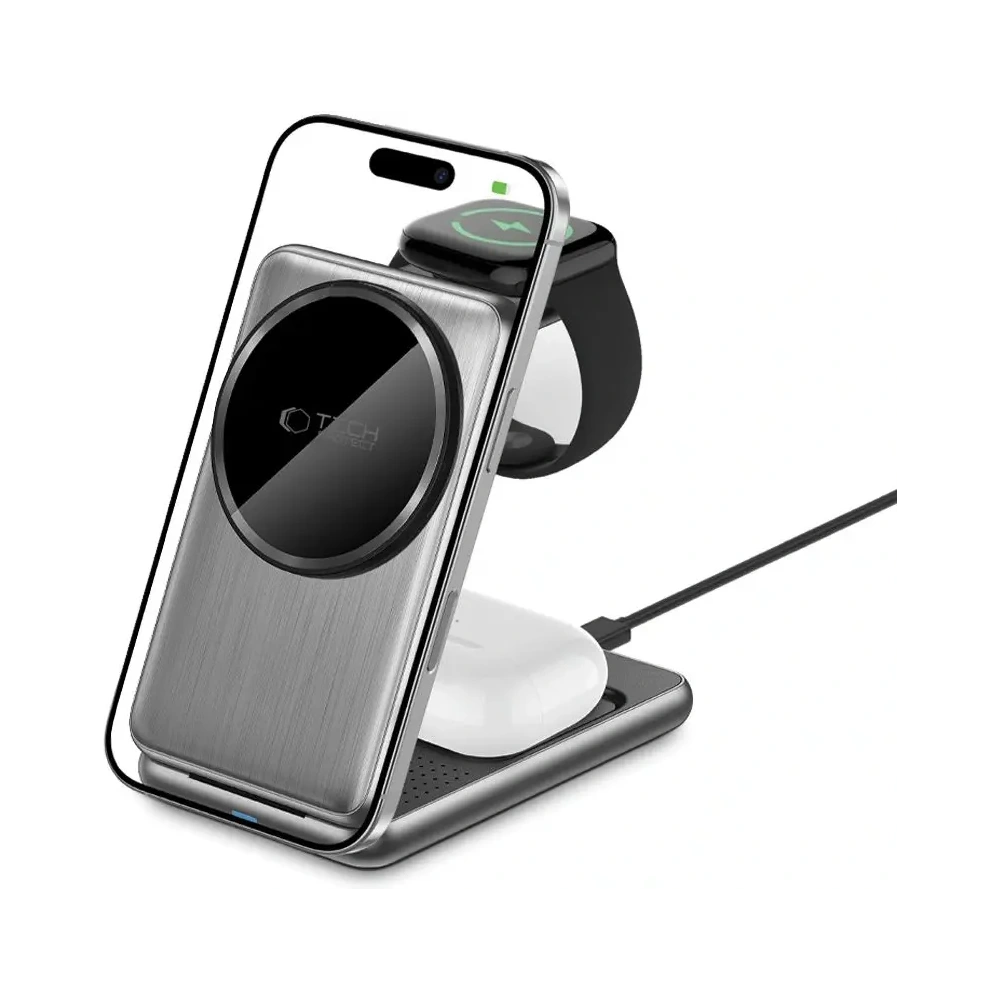 Ładowarka bezprzewodowa Tech-Protect QI15W-A42 3in1 Magnetic MagSafe Wireless Charger Space Grey