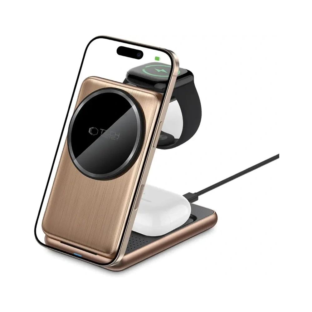 Ładowarka bezprzewodowa Tech-Protect QI15W-A42 3in1 Magnetic MagSafe Wireless Charger Desert Gold