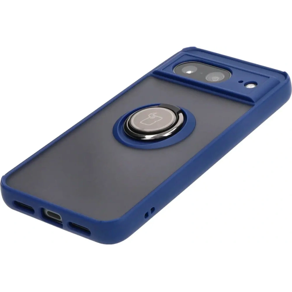 Etui z uchwytem na palec Bizon Case Hybrid Ring do Google Pixel 8 przydymione z granatową ramką