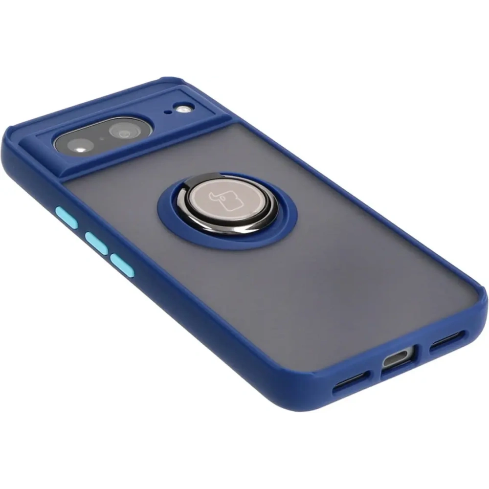 Etui z uchwytem na palec Bizon Case Hybrid Ring do Google Pixel 8 przydymione z granatową ramką