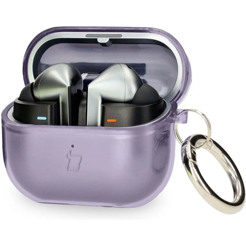 Elastyczne etui z karabińczykiem Bizon Case Headphone Clear do Samsung Galaxy Buds 3/3 Pro przeźroczysto-fioletowe