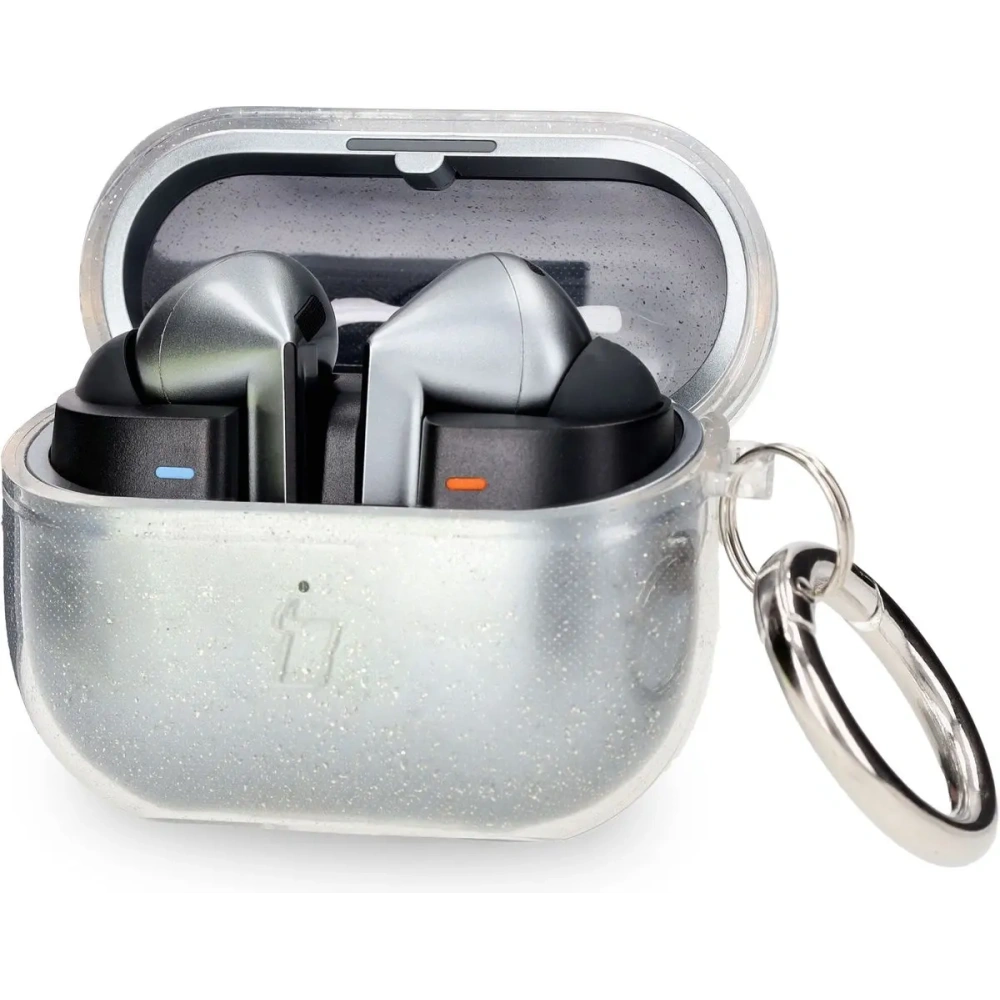 Elastyczne etui z karabińczykiem Bizon Case Headphone Clear do Samsung Galaxy Buds 3/3 Pro przeźroczysto-brokatowe