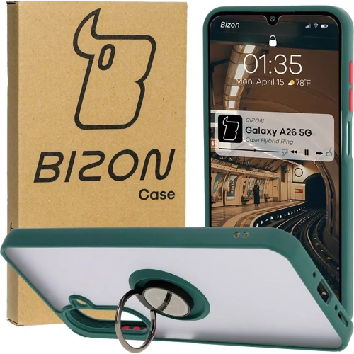 Kup Etui z uchwytem na palec Bizon Case Hybrid Ring do Samsung Galaxy A26 5G kouřové s tmavě zeleným rámem - BIZ8080 - {ean13} - Sklep Home Screen