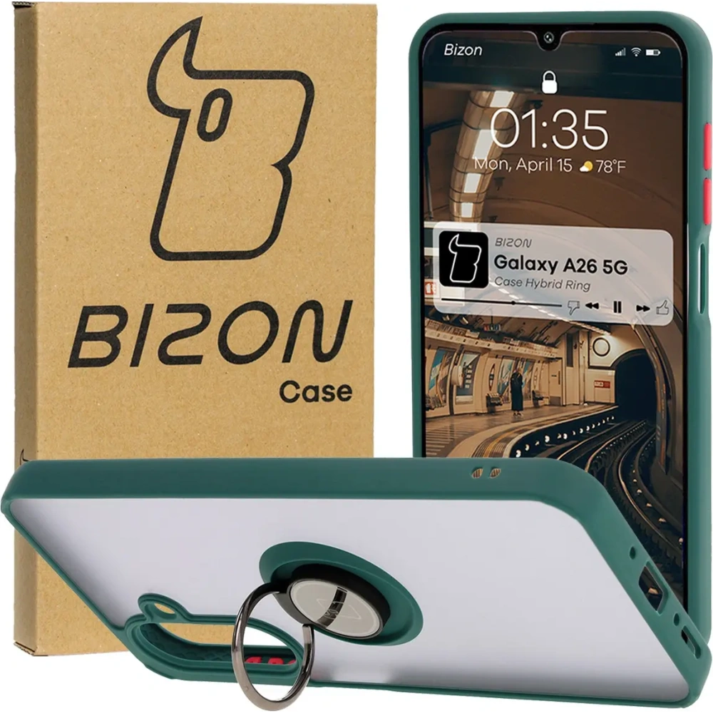 Etui z uchwytem na palec Bizon Case Hybrid Ring do Samsung Galaxy A26 5G przydymione z ciemnozieloną ramką