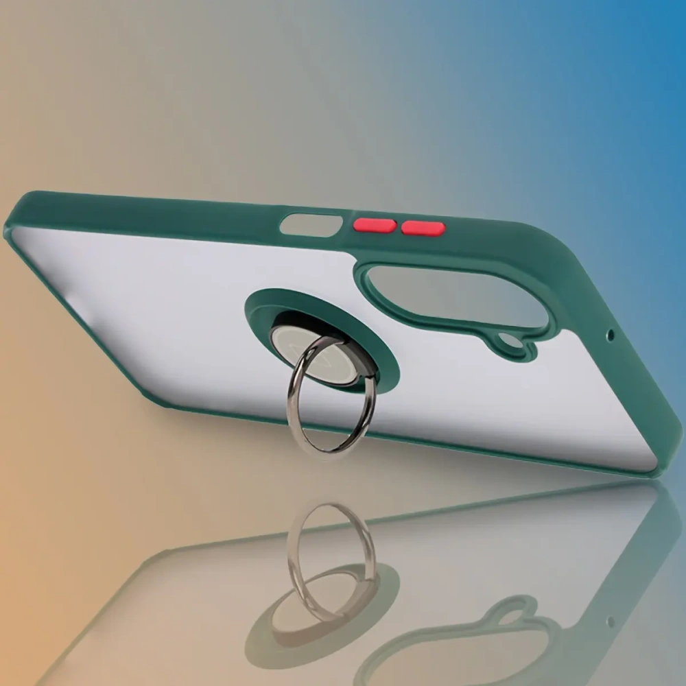 Etui z uchwytem na palec Bizon Case Hybrid Ring do Samsung Galaxy A26 5G przydymione z ciemnozieloną ramką