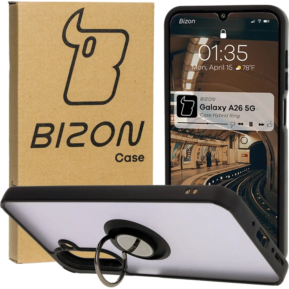 Etui z uchwytem na palec Bizon Case Hybrid Ring do Samsung Galaxy A26 5G przydymione z czarną ramką