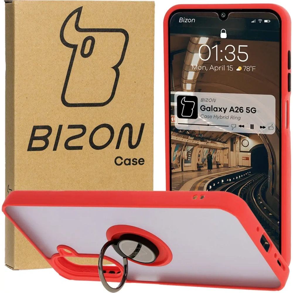 Etui z uchwytem na palec Bizon Case Hybrid Ring do Samsung Galaxy A26 5G przydymione z czerwoną ramką