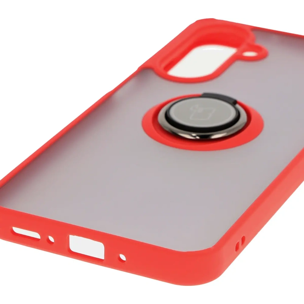 Etui z uchwytem na palec Bizon Case Hybrid Ring do Samsung Galaxy A26 5G przydymione z czerwoną ramką