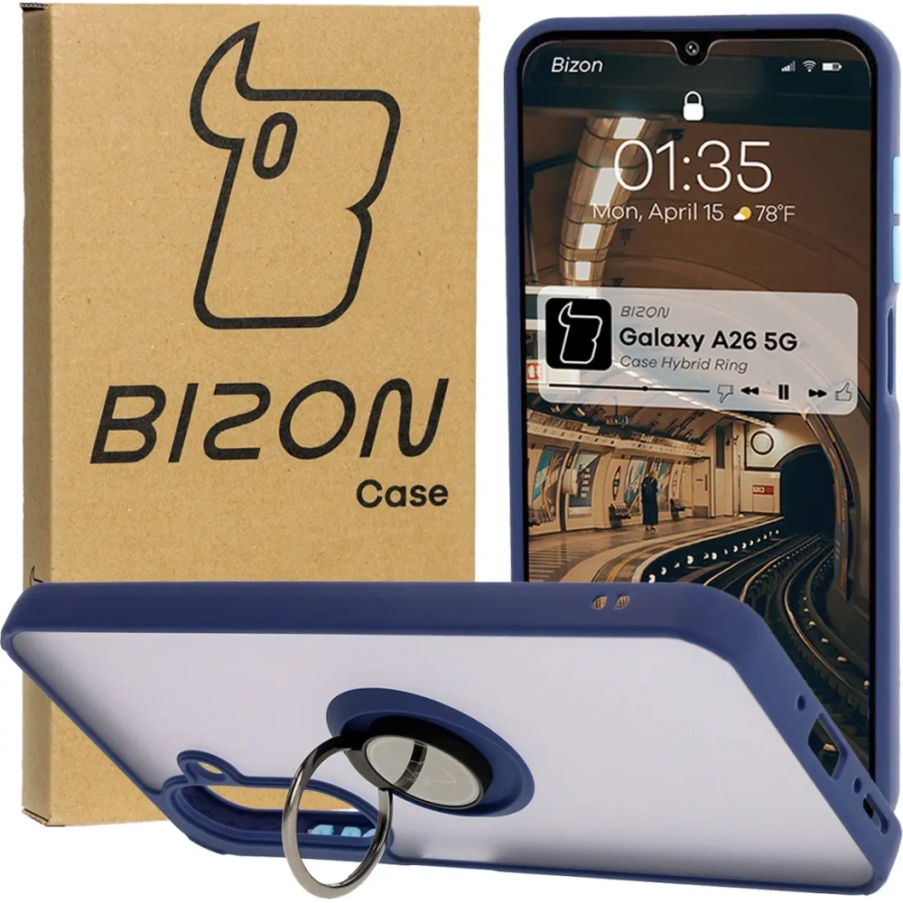 Etui z uchwytem na palec Bizon Case Hybrid Ring do Samsung Galaxy A26 5G przydymione z granatową ramką