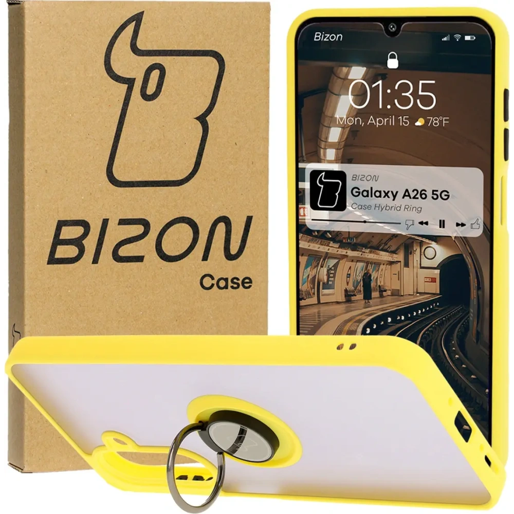 Etui z uchwytem na palec Bizon Case Hybrid Ring do Samsung Galaxy A26 5G przydymione z żółtą ramką