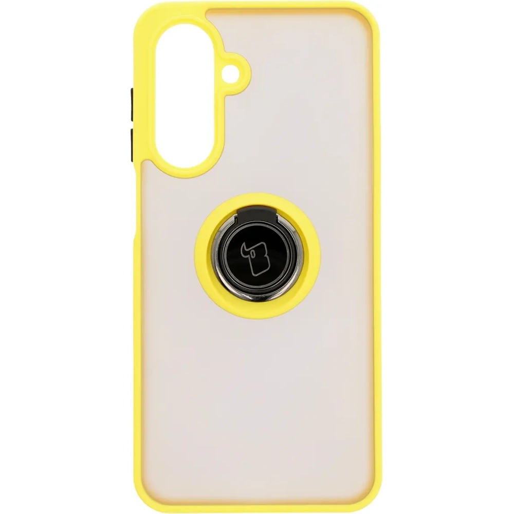 Etui z uchwytem na palec Bizon Case Hybrid Ring do Samsung Galaxy A26 5G przydymione z żółtą ramką