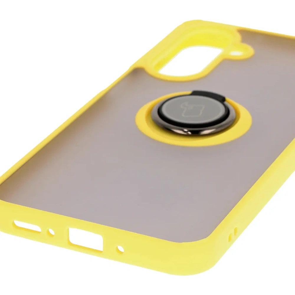 Etui z uchwytem na palec Bizon Case Hybrid Ring do Samsung Galaxy A26 5G przydymione z żółtą ramką