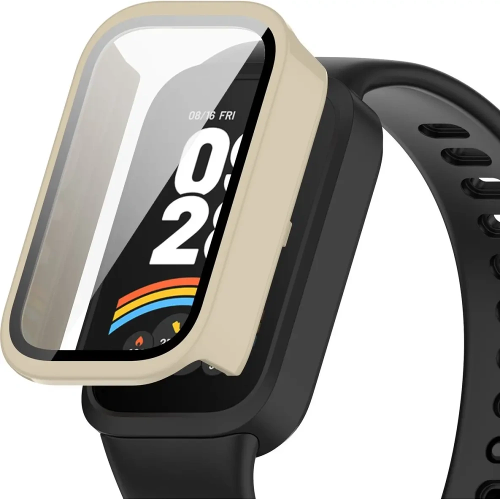 Etui ze szkłem do zegarka Bizon Case+Glass Watch do Xiaomi Smart Band 9 Active / Redmi Smart Band 3 beżowe
