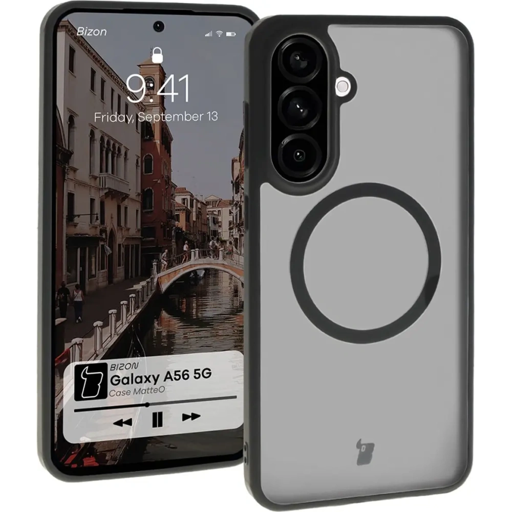 Etui z pierścieniem magnetycznym Bizon Case MatteO do Samsung Galaxy A56 5G półprzezroczyste z czarną ramką