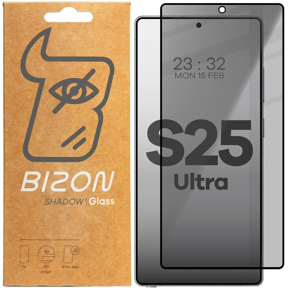 Prywatyzujące szkło hartowane Bizon Glass Edge Shadow do Samsung Galaxy S25 Ultra przyciemniane z czarną ramką