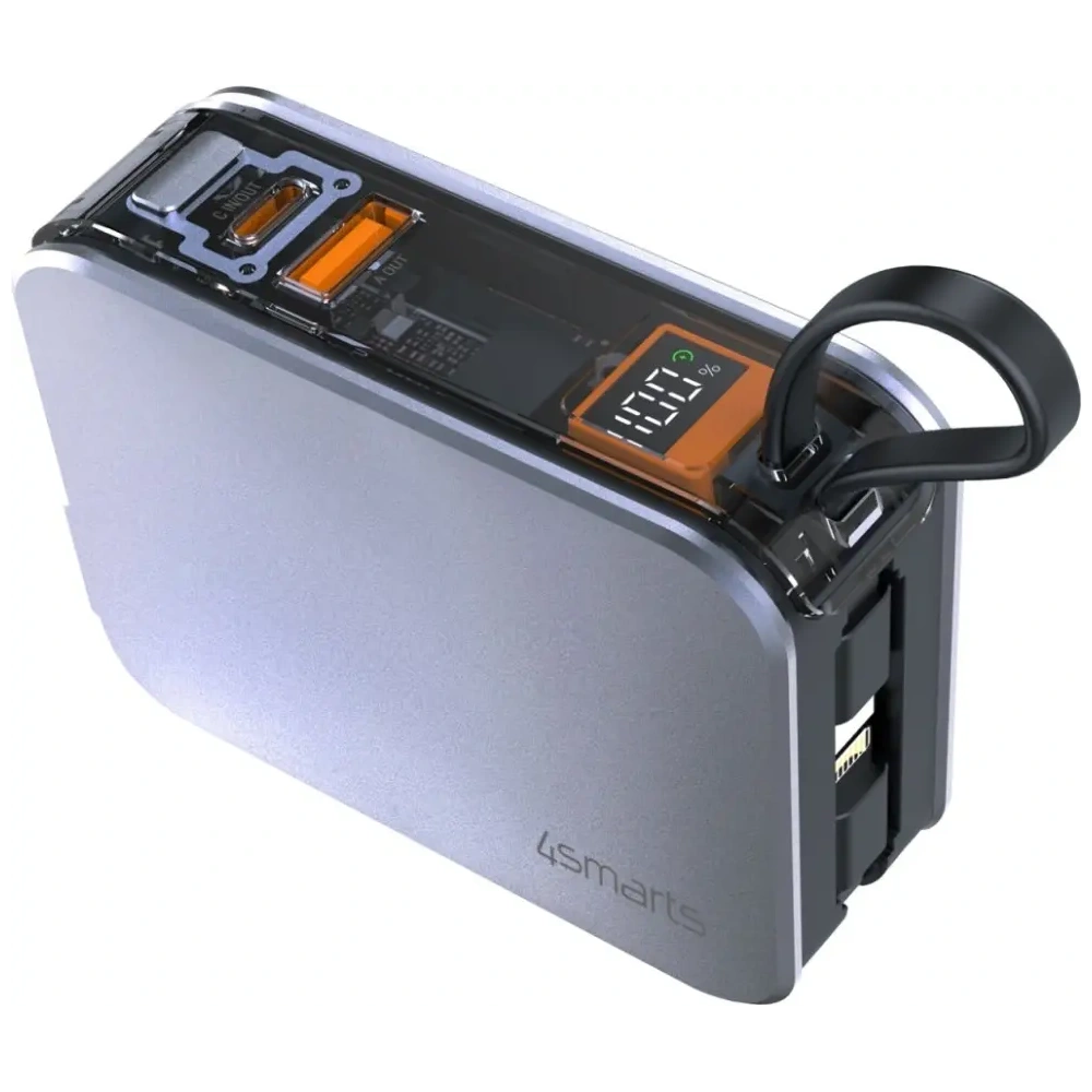 Powerbank 4smarts Lucid 3in1 Hybrid Charger 10000mAh 20W z wbudowanym kablem USB-C / Lightning srebrny