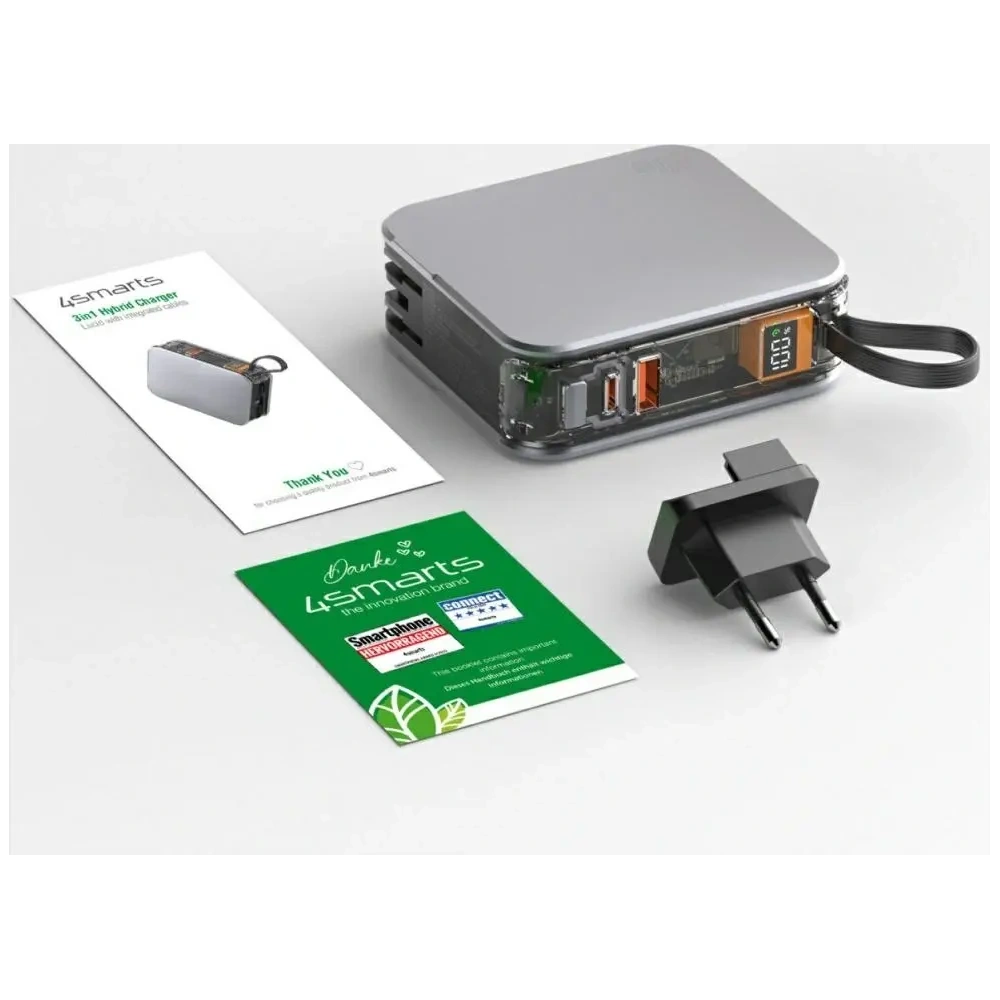 Powerbank 4smarts Lucid 3in1 Hybrid Charger 10000mAh 20W z wbudowanym kablem USB-C / Lightning srebrny