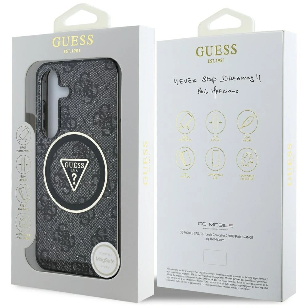 Etui Guess 4G Glitter Triangle Buttons MagSafe do Samsung Galaxy S25 czarny