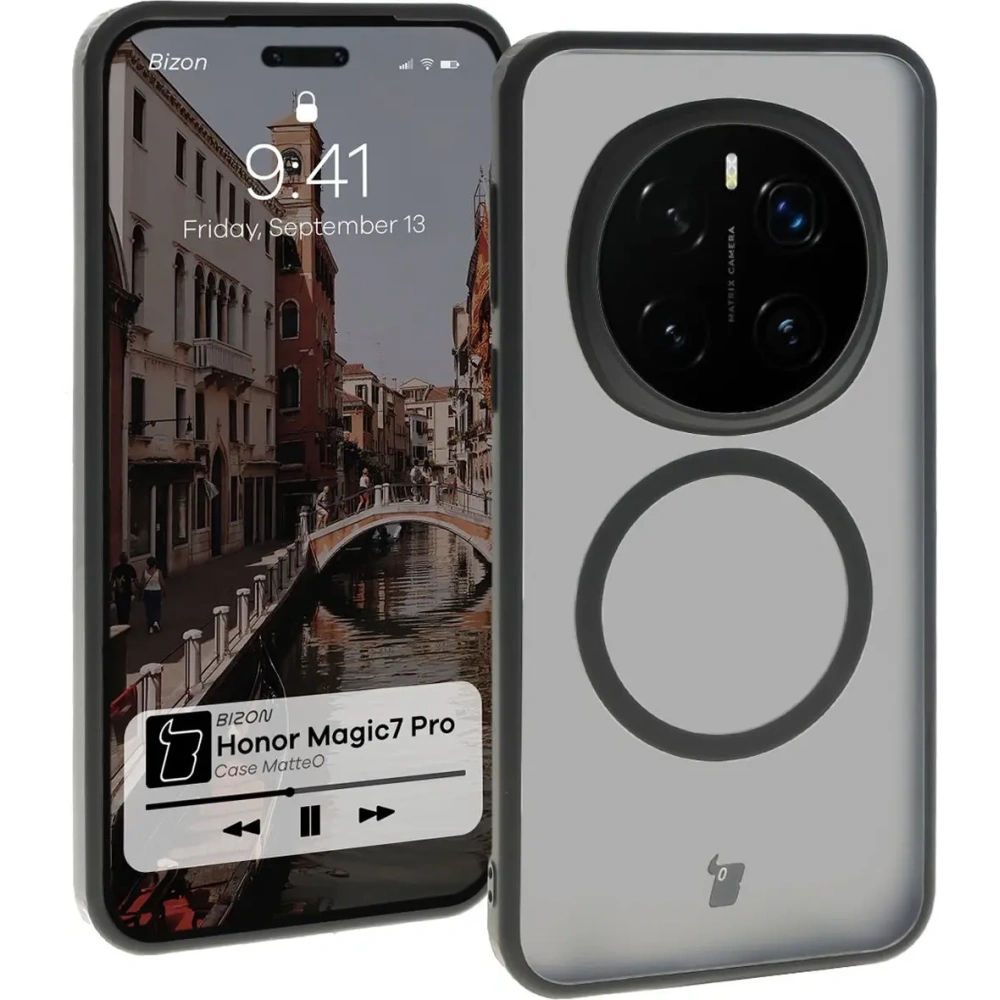 Etui z pierścieniem magnetycznym Bizon Case MatteO do Honor Magic7 Pro półprzezroczyste z czarną ramką