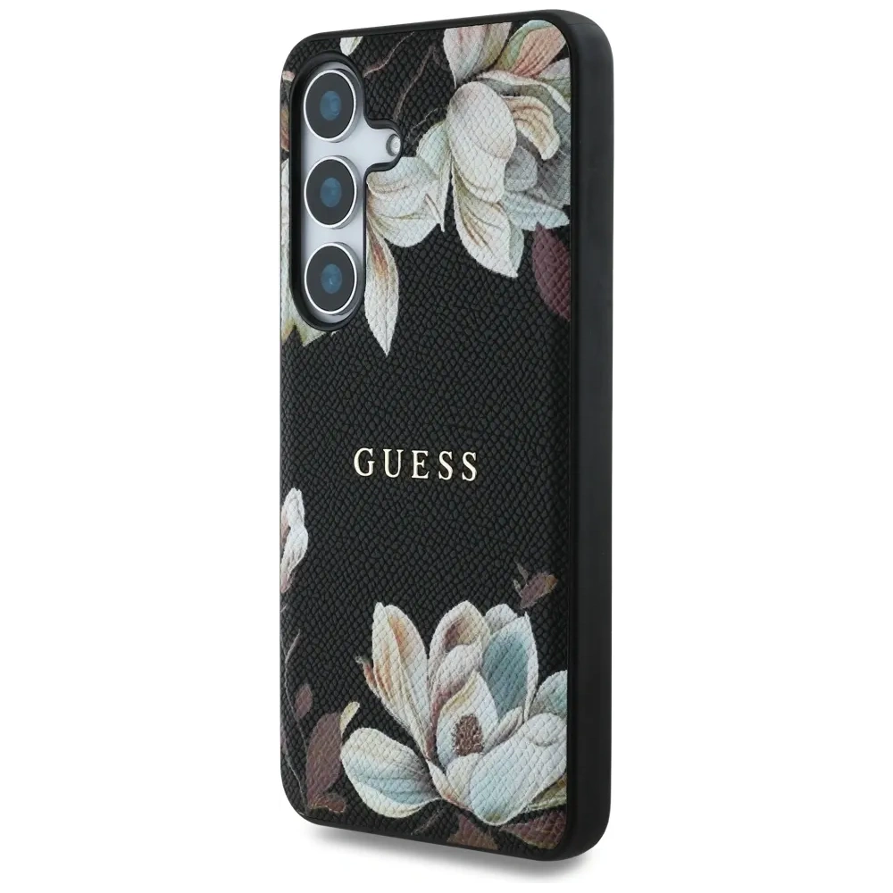 Etui Guess Grained Printed Flower Pattern MagSafe do Samsung Galaxy S25 czarny