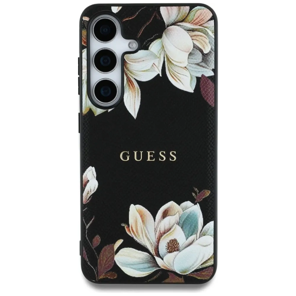 Etui Guess Grained Printed Flower Pattern MagSafe do Samsung Galaxy S25 czarny