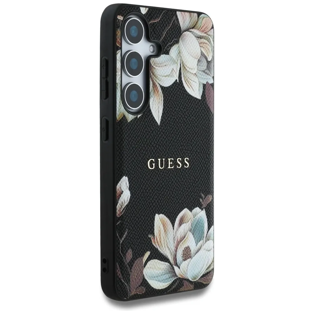 Etui Guess Grained Printed Flower Pattern MagSafe do Samsung Galaxy S25 czarny