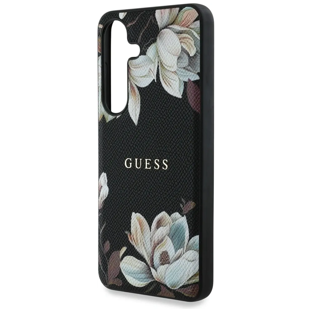 Etui Guess Grained Printed Flower Pattern MagSafe do Samsung Galaxy S25 czarny