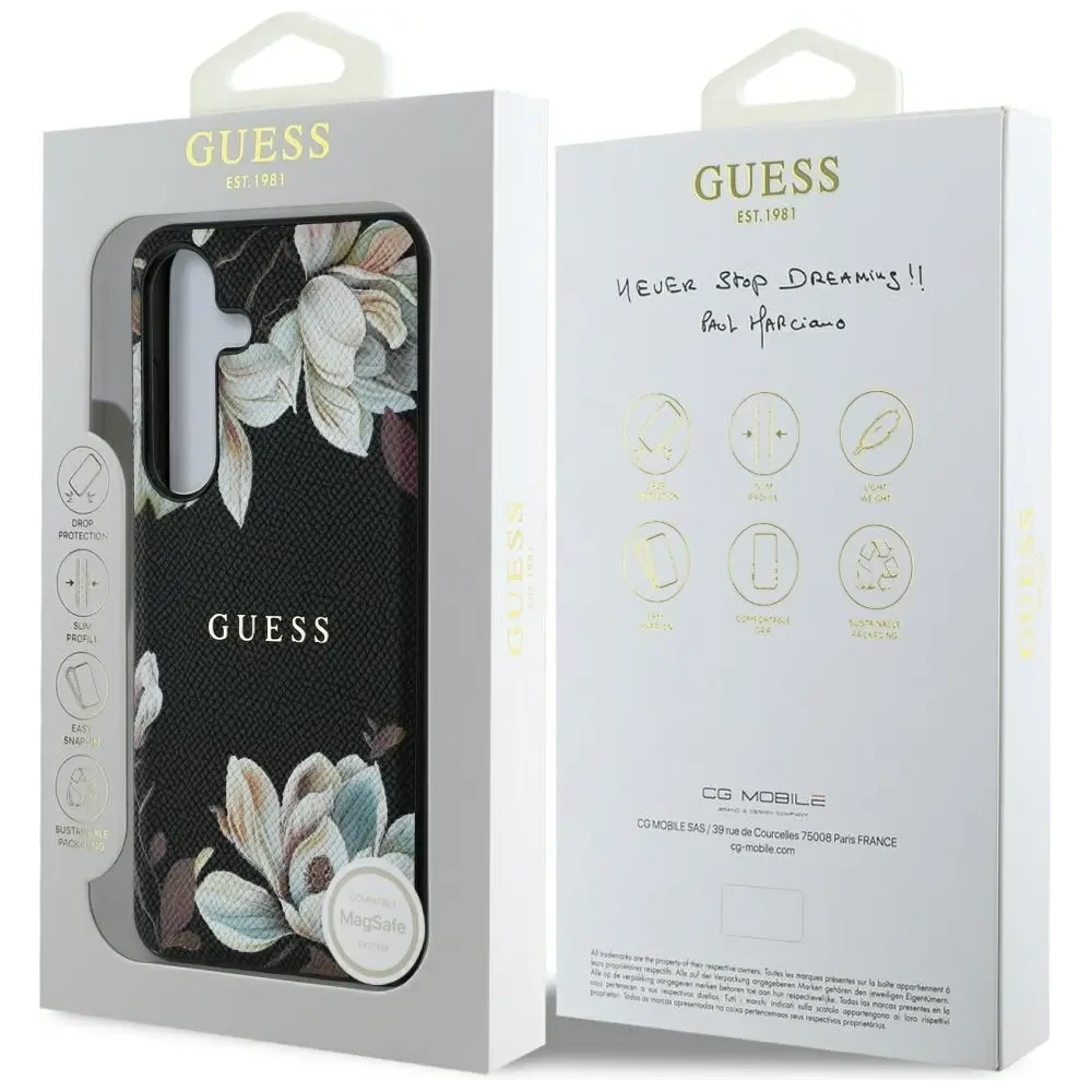 Etui Guess Grained Printed Flower Pattern MagSafe do Samsung Galaxy S25 czarny