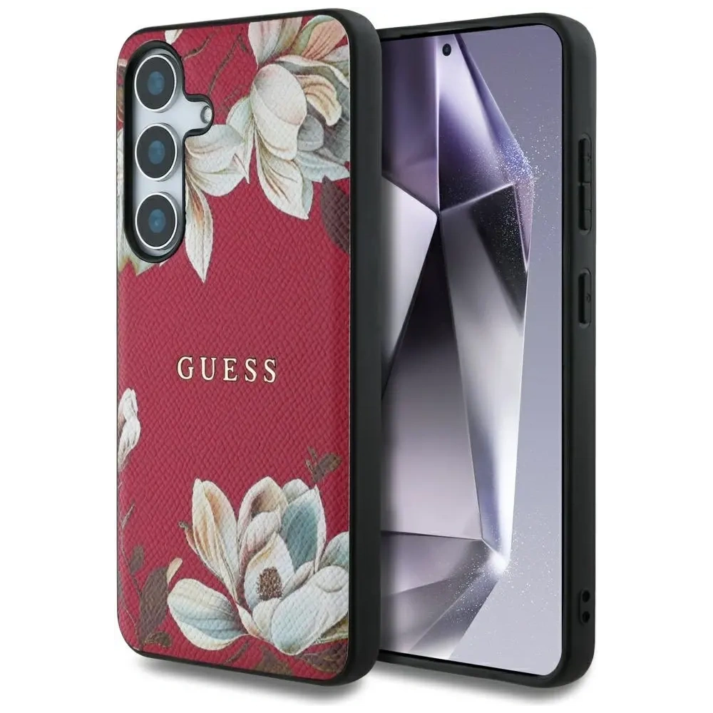 Etui Guess Grained Printed Flower Pattern MagSafe do Samsung Galaxy S25 fuksja
