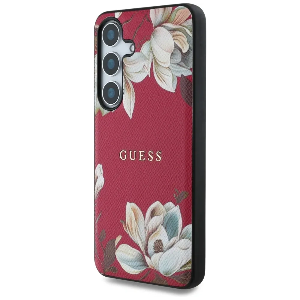 Etui Guess Grained Printed Flower Pattern MagSafe do Samsung Galaxy S25 fuksja