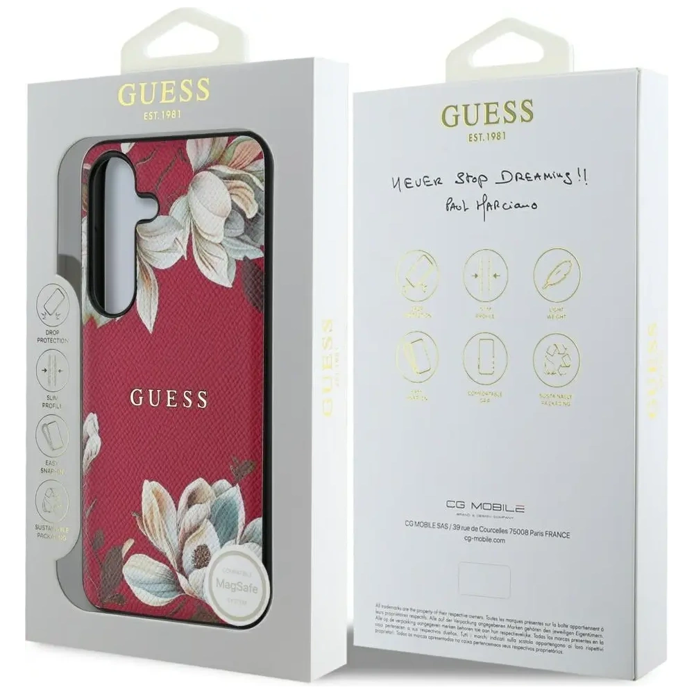 Etui Guess Grained Printed Flower Pattern MagSafe do Samsung Galaxy S25 fuksja
