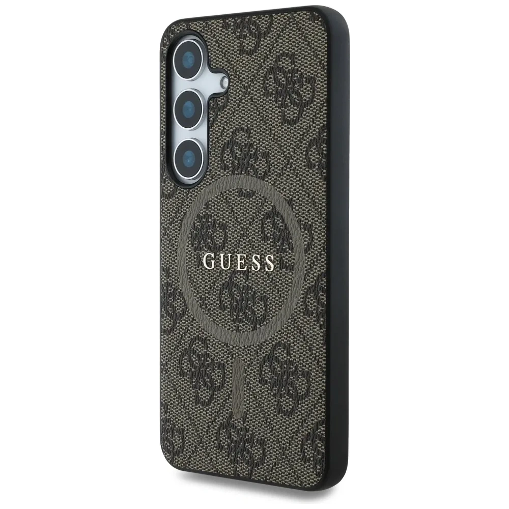 Etui Guess Leather 4G Colored Ring Classic Logo MagSafe do Samsung Galaxy S25 brązowy